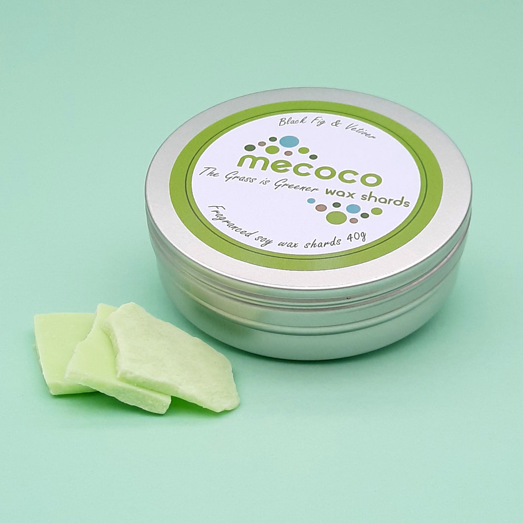 The Grass is Greener / Black Fig & Vetiver, Green Scented Soy Wax Shards Tin