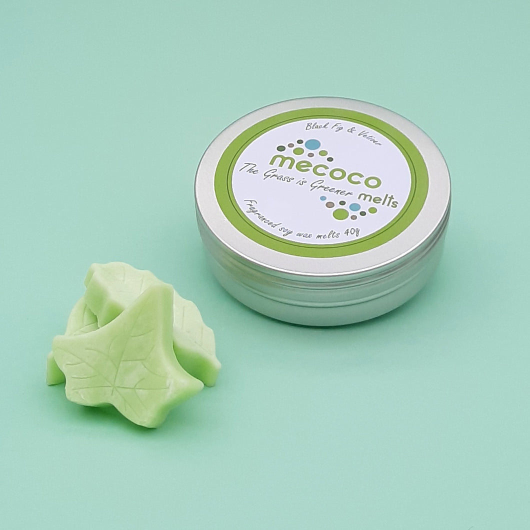 The Grass is Greener / Black Fig & Vetiver, Green Scented Soy Wax Melts Tin