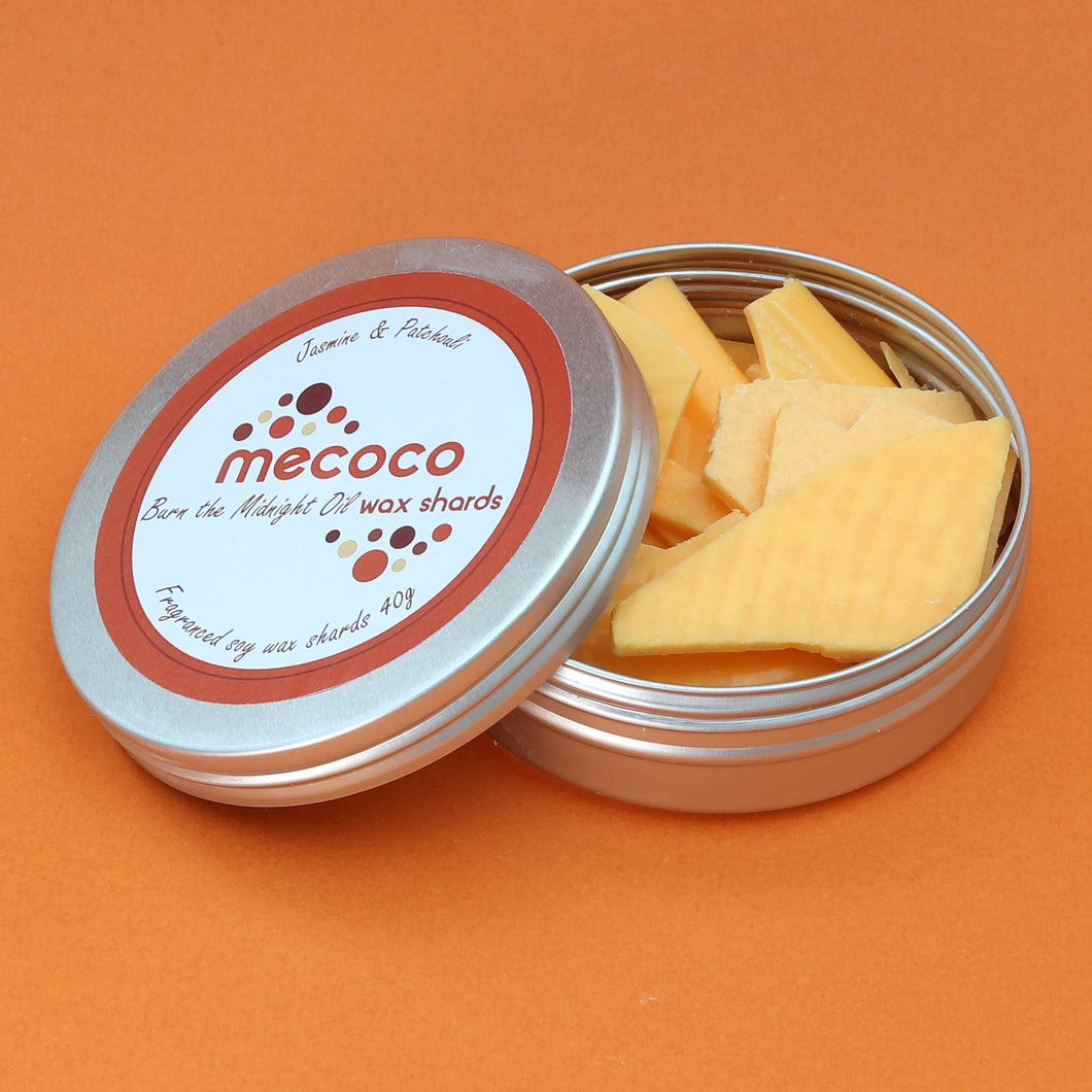 Burn the Midnight Oil / Jasmine & Patchouli, Orange Scented Soy Wax Shards Tin