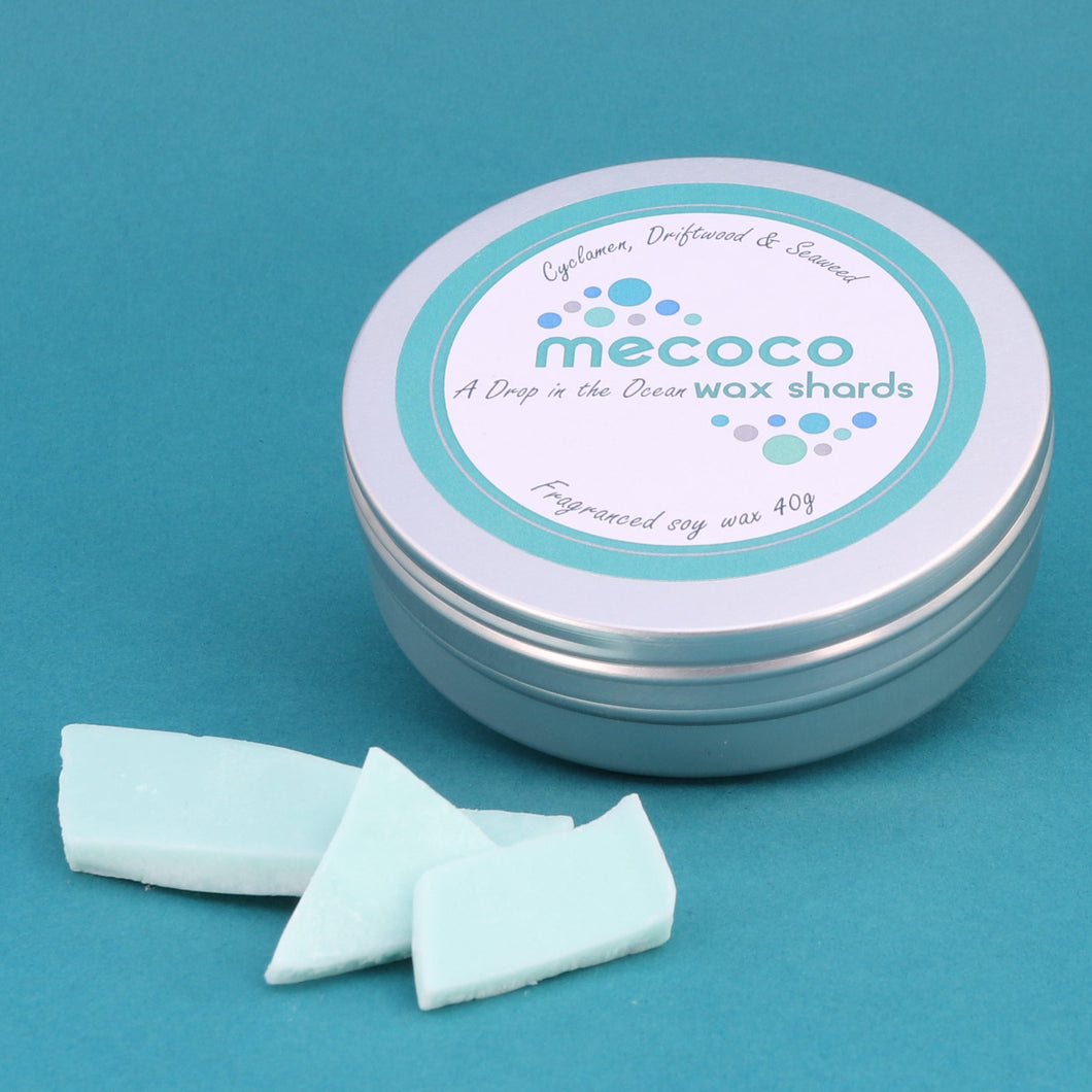 A Drop in the Ocean / Rocksalt& Driftwood, Blue Scented Soy Wax Shards Tin